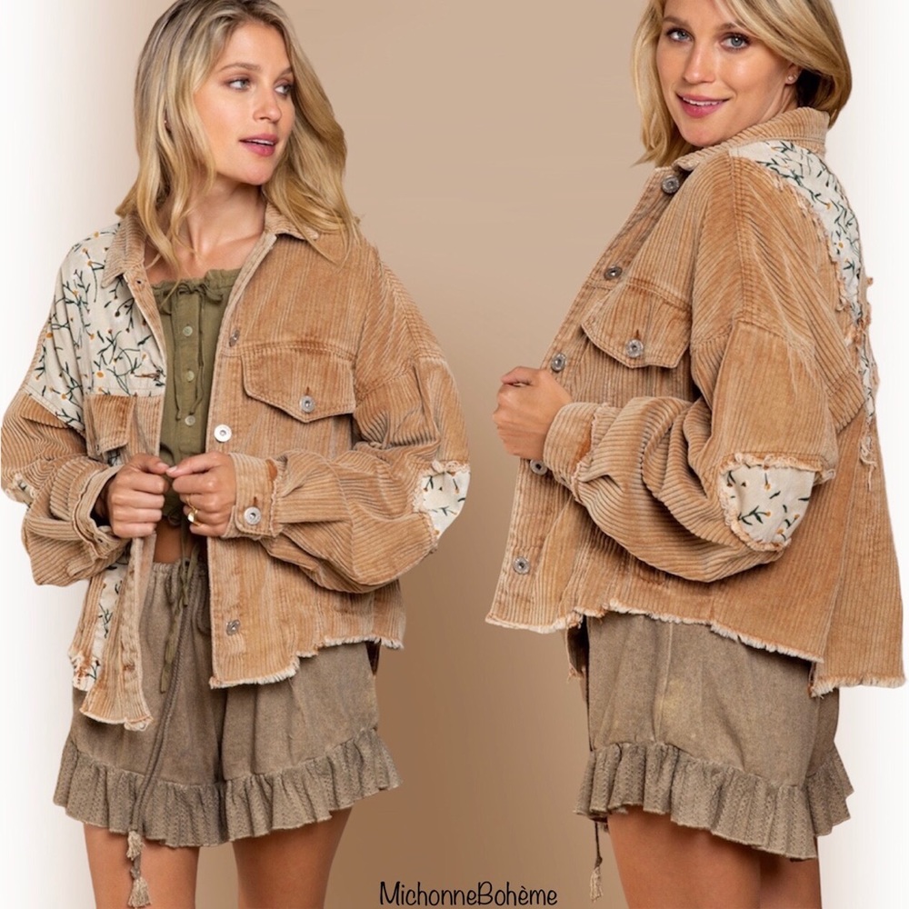 POL Corduroy Patchwork Jean Jacket in Tan and Cream